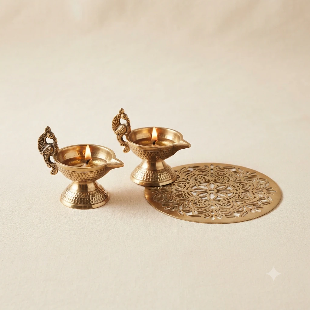 Brass Diya Set with Rangoli Stencil